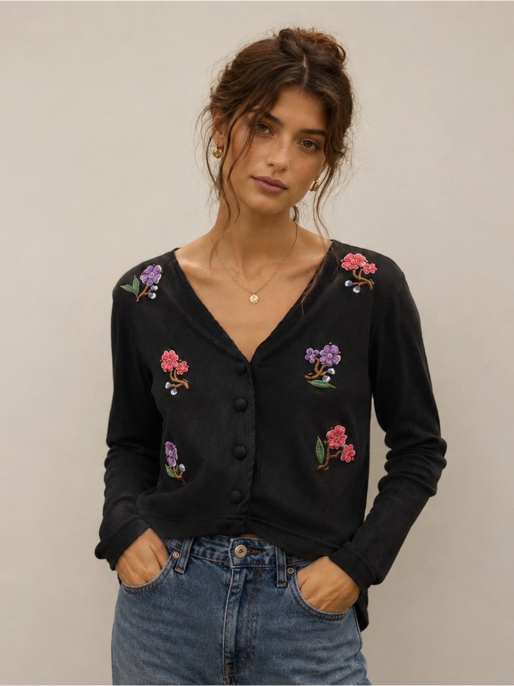 VTG Y2K 90s Carole Little Black Ribbed Floral Embroidery Sweater Cardigan SMALL